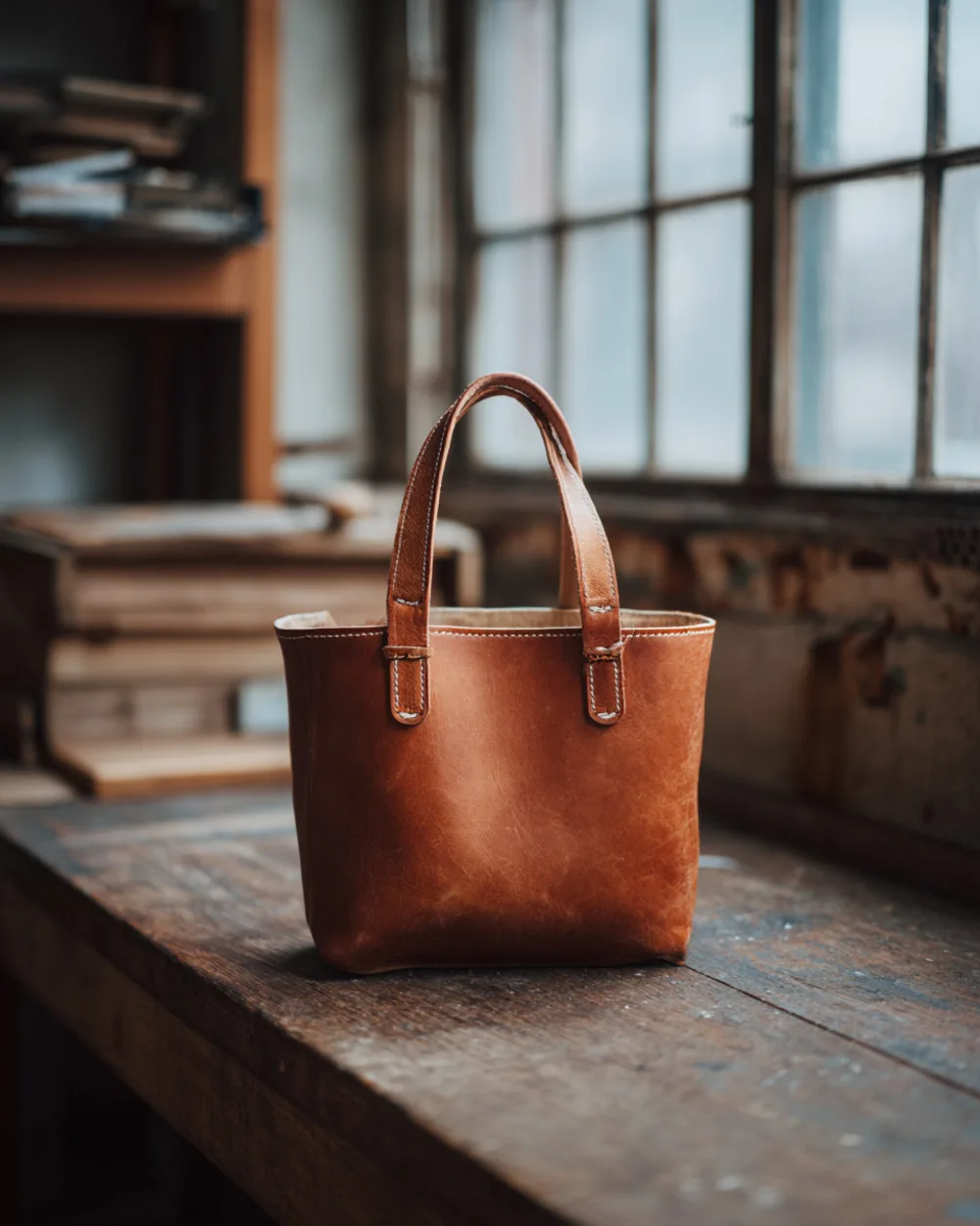 The Giulia tote in cognac vegetable-tanned leather, sitting on a wooden workshop bench