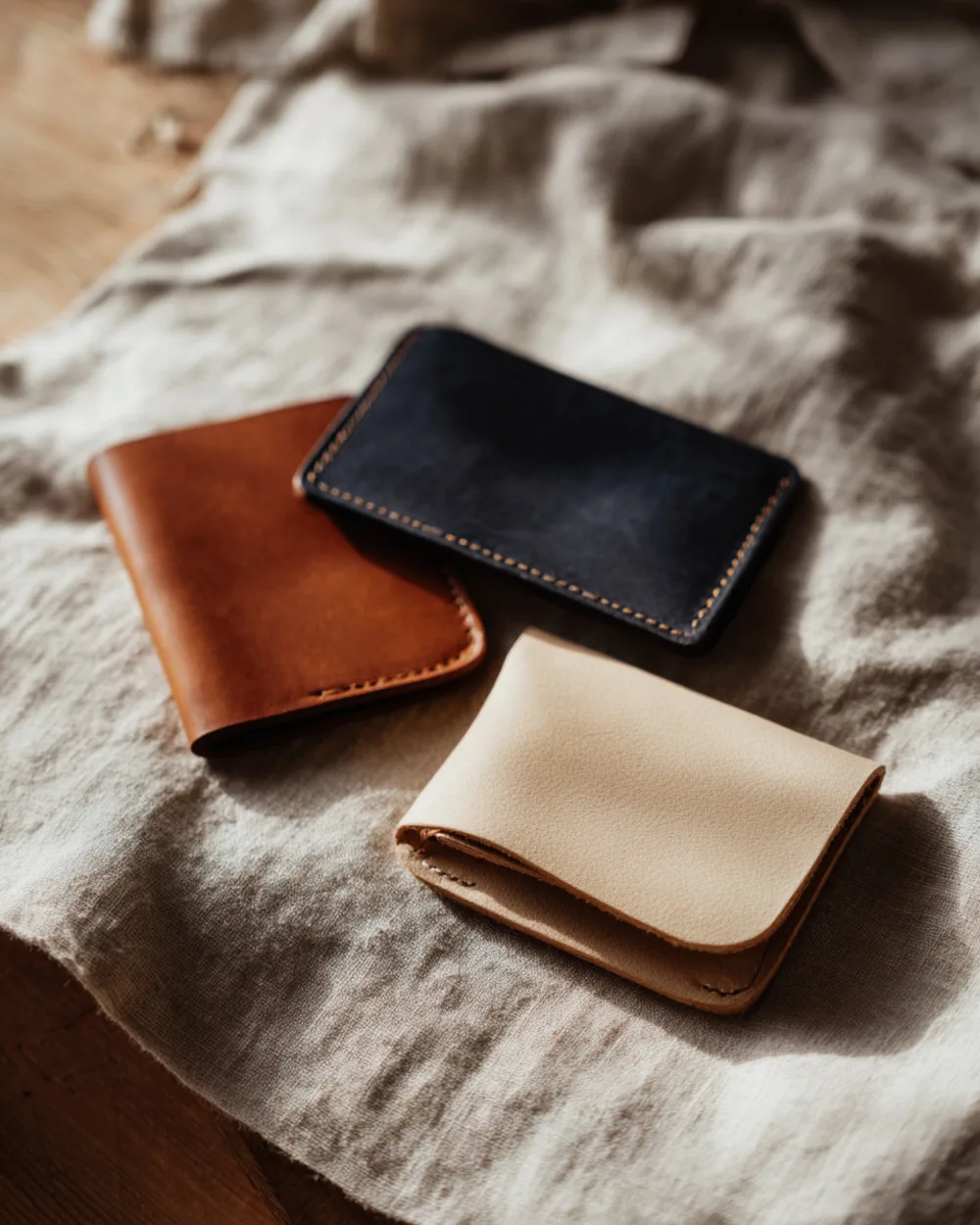 The small goods: card holder, passport cover, and coin purse laid out on linen
